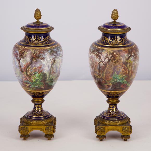 铜鎏金嵌塞弗尔瓷瓶一对，由麦歇洛（J. Machereau）绘制-3